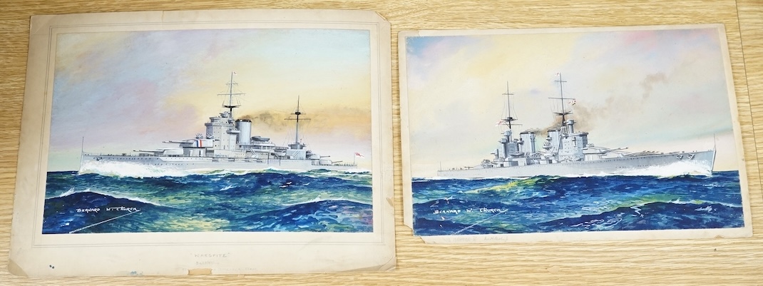 Bernard Church, two original watercolours for postcard designs, WWII Royal Navy battleships comprising: HMS King George V and HMS Warspite, each with original captions verso, signed, largest 24 x 32cm, unframed. Conditio